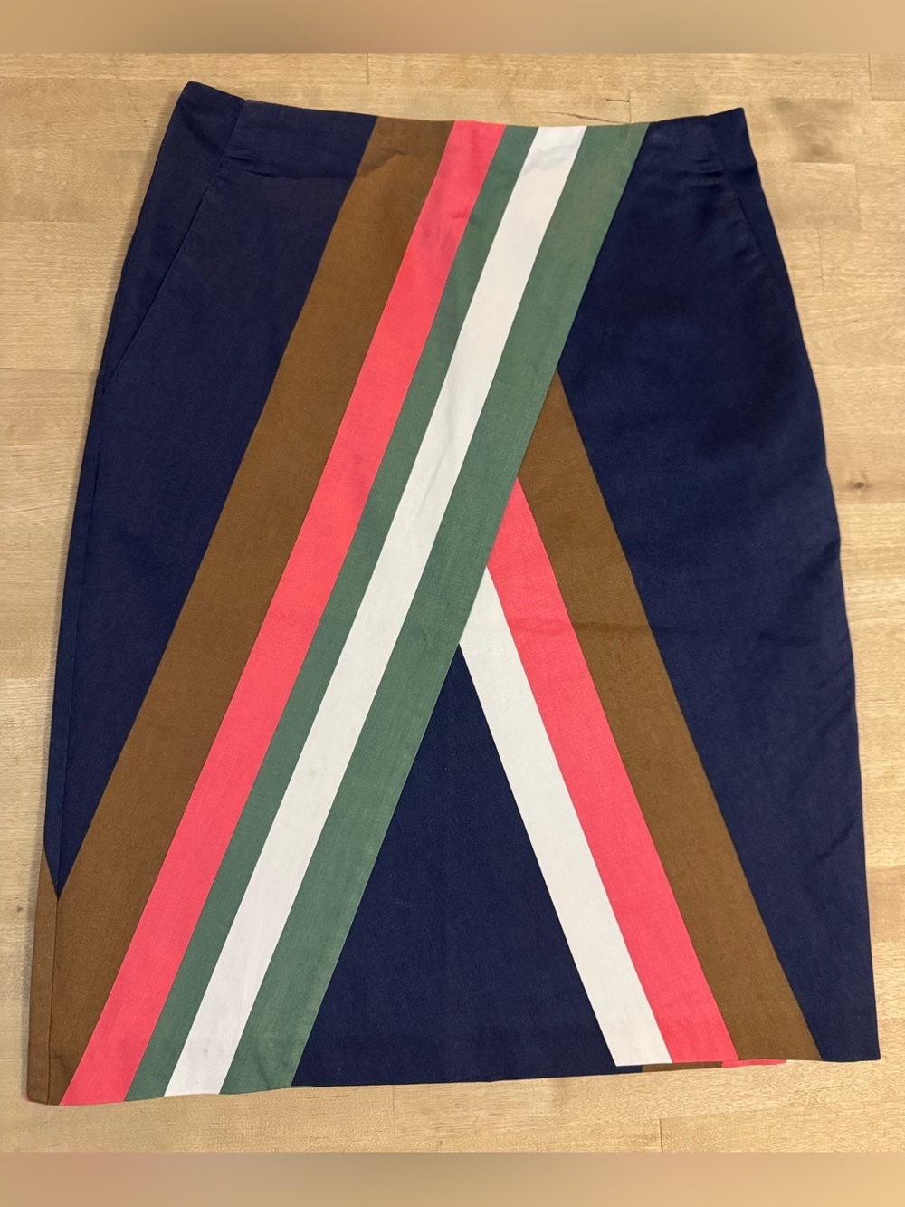 NWOT Boden Navy Pencil Skirt with Coral, Green, White & Brown Stripes